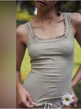 NWT BRAND NEW ~ Free People Only You Lace-Trim Tank Top in Grey Green